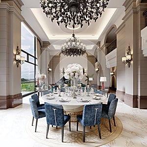 Large luxurious dining table in the large living room with high ceilings in a modern classic style with blue chairs and a white