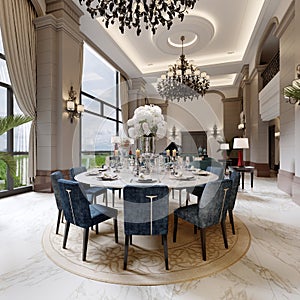 Large luxurious dining table in the large living room with high ceilings in a modern classic style with blue chairs and a white