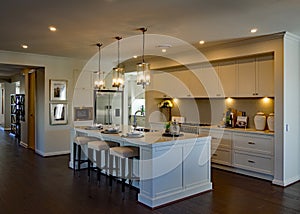 Large luxurious kitchen with ambient lighting and wooden floor