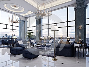 Large luxury classic living room interior with seating area and dining table with blue walls and blue furniture and white marble
