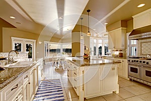 Large luxury kitchen room in beige colors with granite counter tops and kitchen island