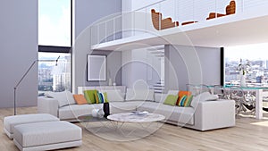 Large luxury modern bright interiors apartment Living room illus