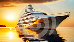 Large Luxury Motor Boat on the Sea at Sunset or Sunrise - Generative Ai