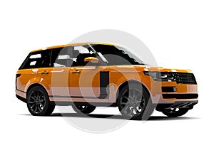 Large luxury SUV orange. Front and side. White