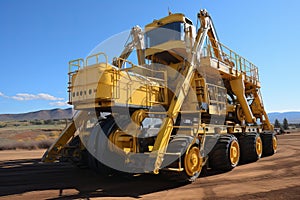 A large machine for drilling wells in the desert, the sky in the background.