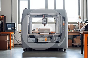 A large machine with a wooden table in front of it