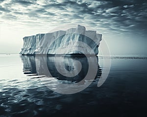 a large, majestic iceberg floating in calm, sparkling waters under a serene sky.