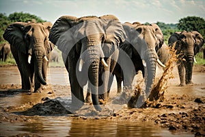 Large Male African Elephants Walking Through Muddy Water, created with Generative AI technology