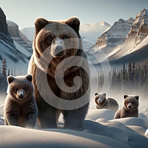 Large Male Grizzlies Bears Family Woodland Snowy Winter Forest Scene Mountains Trees AI Generated