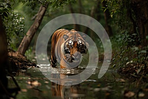 a large male tiger walking across a river in the forest, ethical concerns