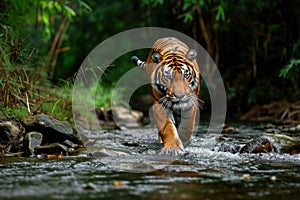 a large male tiger walking across a river in the forest, ethical concerns