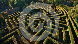 A large maze of hedges with a path leading to the exit, AI