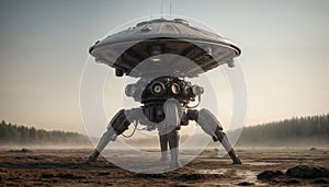 Large, mechanical object with a domed top and multiple legs, futuristic spacecraft, standing on a foggy, desolate terrain with a