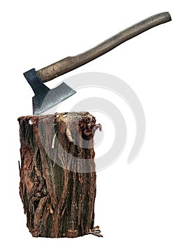 large medieval executioner's ax in a wooden chopping block isolated on white background