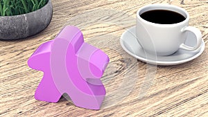 A large meeple next to a cup of coffee. 3d render