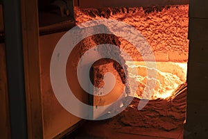 A large melting furnace glass. Glass manufacturing industrial factory. Glass plant.