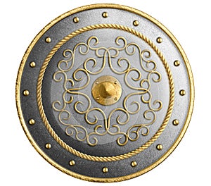 Large metal round shield decorated gold isolated 3d illustration