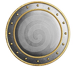 Large metal round shield decorated gold isolated 3d illustration