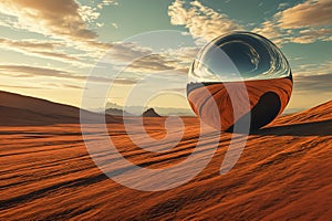 Large metal sphere on sandy surface