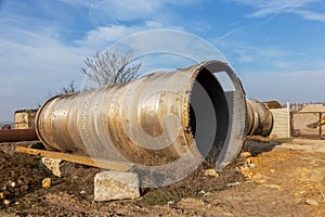 Large metal stainless steel overpass pipe for aggressive environments. Construction of a large industrial trunk overpass