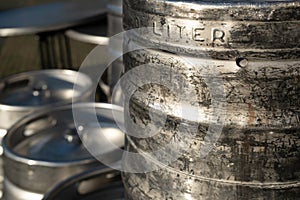 Large metal steel beer barrels