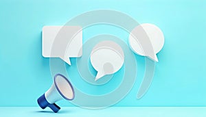 A large microphone is placed in front of three speech bubbles