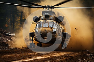 A large military helicopter takes off over a lot of dirt and dust. War, military exercises concept.