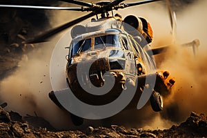 A large military helicopter takes off over a lot of dirt and dust. War, military exercises concept.