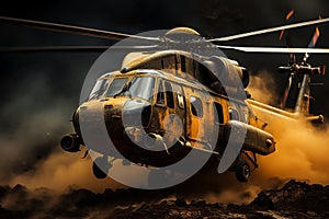 A large military helicopter takes off over a lot of dirt and dust. War, military exercises concept.