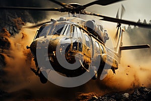 A large military helicopter takes off over a lot of dirt and dust. War, military exercises concept.