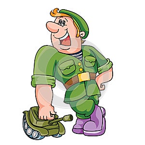 a large military man leans his hand on a small tank, cartoon, isolated object on a white background, vector illustration