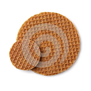 Large and mini fresh baked stroopwafel, syrup waffles, isolated on white background