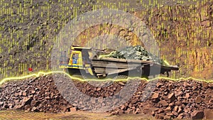 Large mining dump truck. Large dump truck in a coal mine. Visualization of the work of artificial intelligence.