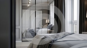 A large mirrored wardrobe reflects the light and makes the room feel more spacious while also providing ample storage