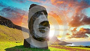 Large Moai Stone Statue in Easter Island at Sunset or Sunrise - Generative Ai