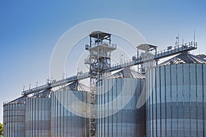 A large modern  agro-processing plant for the storage and processing of grain crops. Fragment of large metal barrels of grain.