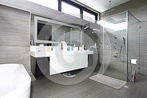 Large modern bathroom with bathtub and separate shower area