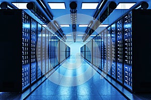 Large modern data center with multiple rows of server racks, 3D Illustration