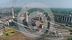 Large modern factory. Flight over a large metallurgical plant. Industrial exterior aerial view.