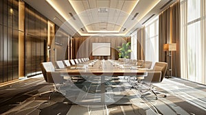 Large modern hotel conference room with high-tech equipment, long table, comfortable chairs and large panoramic windows