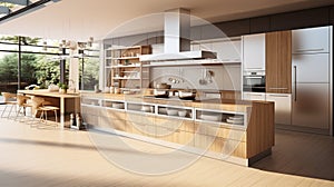 large modern kitchen. Kitchen in new luxury home with quartz waterfall island generative ai