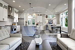 Large modern luxury living room interior in Bellevue home.