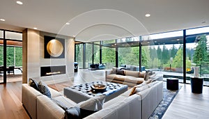 Large modern luxury living room interior in Bellevue home.