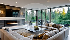 Large modern luxury living room interior in Bellevue home.