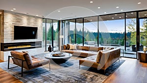 Large modern luxury living room interior in Bellevue home.