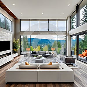 Large modern luxury living room interior in Bellevue home.