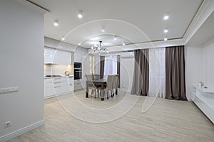 Large modern new well designed white kitchen in studio flat interior