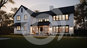 Large modern two-storey country house in European Scandinavian style with white walls and black roof. A neatly trimmed