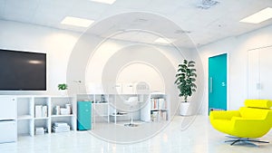 A large modern vet clinic interior, white walls, 3d render design, clean and bright