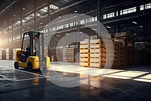 Large modern warehouse with forklift